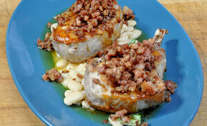 Amanda Freitag Pork Chops with Crisp Ventrèche & White Bean Ragu Recipe | D'Artagnan