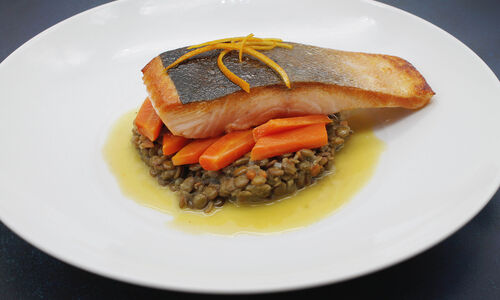 Sautéed Salmon with Lentils, Carrots and Orange Butter Sauce